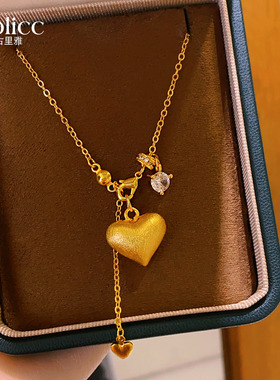 沙金拉丝爱心锆石吊坠毛衣项链