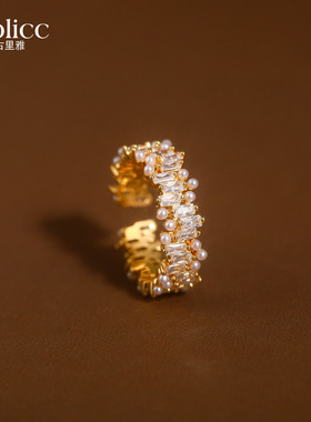 金色几何锆石珍珠开口戒指小众