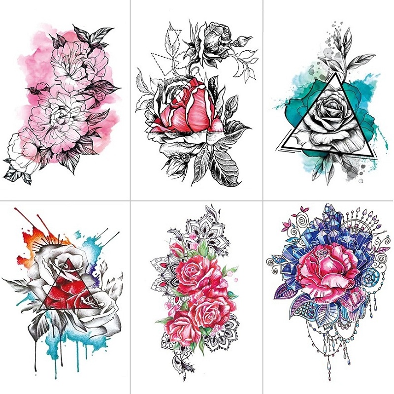 纹艾美花臂防水纹身贴女持久大图花朵三角形暗黑水彩后背大腿贴纸
