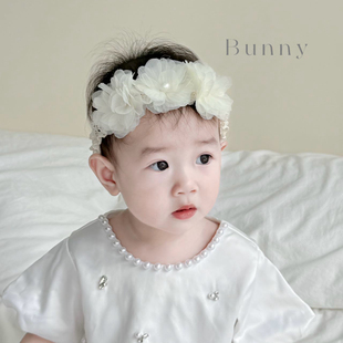 韩国百搭儿童发带婴儿超仙珍珠花朵头饰宝宝满月百天花环发箍配饰