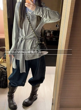 MMQ浅灰字母飘带长袖T恤2025年秋新款不规则圆领气质款meetmimiq