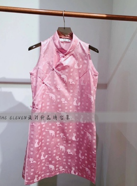 meetmimiq设计师品牌猫咪印花新中式盘扣衬衫连衣裙无袖