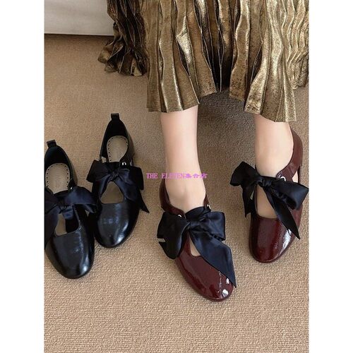 UNFOLIO26新款复古漆皮蝴蝶结系带玛丽珍鞋