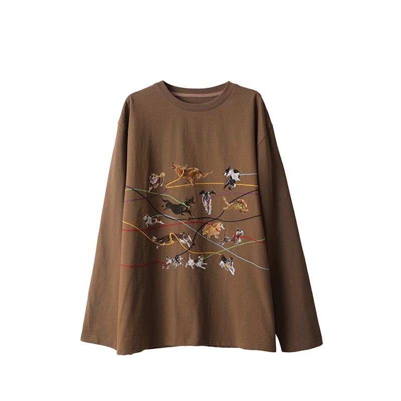 ICEDUST牵绳小狗印花长袖T恤女25PF早秋新款宽松休闲上衣复古内搭