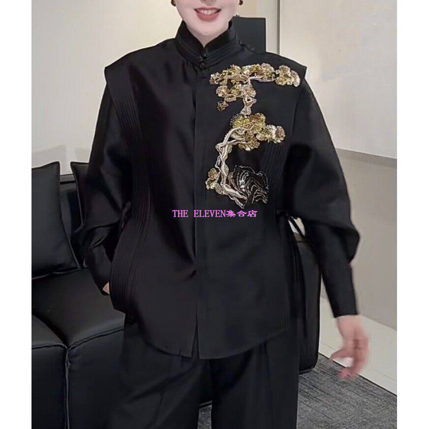 2026年设计师品牌丝毛新中式立领盘扣复古珠绣短上衣衬衫