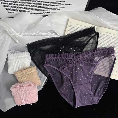 C-10428 新款纯欲感交叉设计蕾丝花边蝴蝶结闪粉网纱透气女三角裤