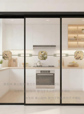 轻奢中古风花鸟创意玻璃门防撞腰线贴纸厨房客厅书房移门静电贴画