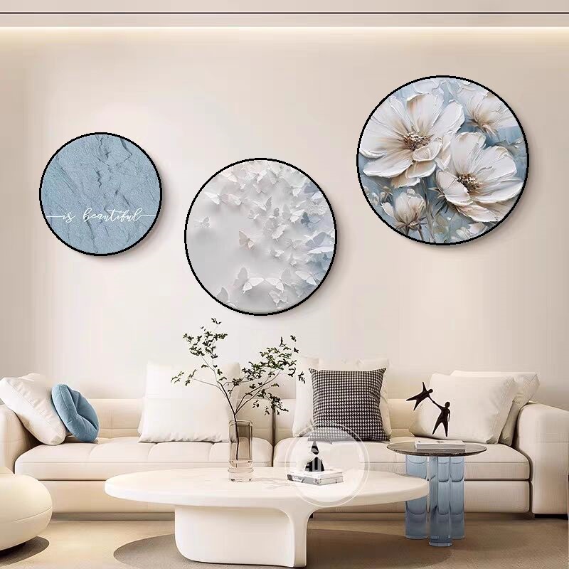 奶油风客厅装饰画蓝色花卉沙发背景墙圆形壁画高级感餐厅卧室挂画图片