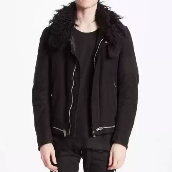 Dvsclk Custom-Made Helmut 99Aw Style Black Washed Denim Jacket with Fur Collar and Cotton Filling