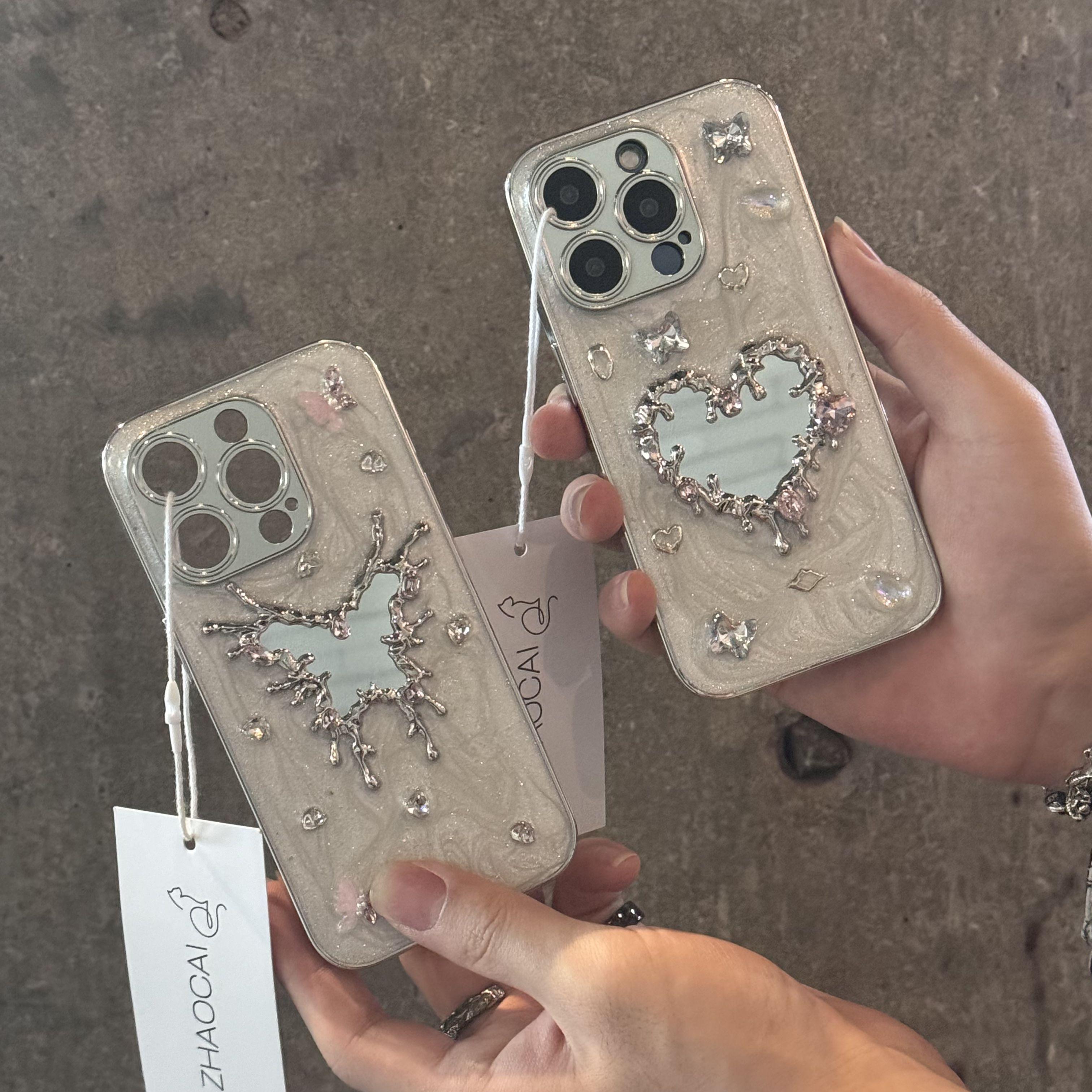 高级滴胶冷淡风镜子ins适用iPhone16ProMax苹果15plus手机壳14可爱13个性女款12防摔挂链11白色17promax华为