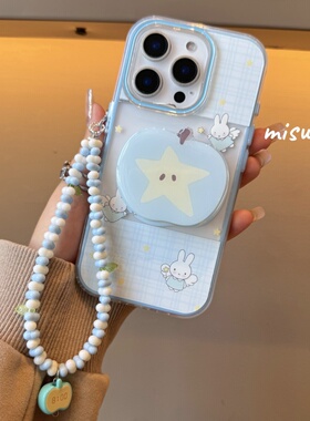 蓝色苹果天使兔子支架iPhone16/15promax手机壳适用苹果14/13promax二合一硬壳链条挂绳少女心可爱卡通女款潮