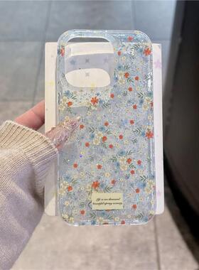 温柔风冰透蓝色小碎花适用苹果16promax手机壳iPhone15新款16保护套13pro个性女款14p全包防摔15pro高级感ins