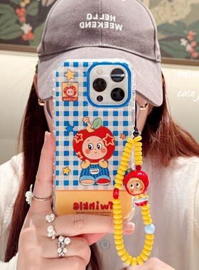 ins可爱苹果星星人蓝色格子适用iPhone17promax手机壳16promax苹果女款15pro少女全包防摔14挂链13简约系列17