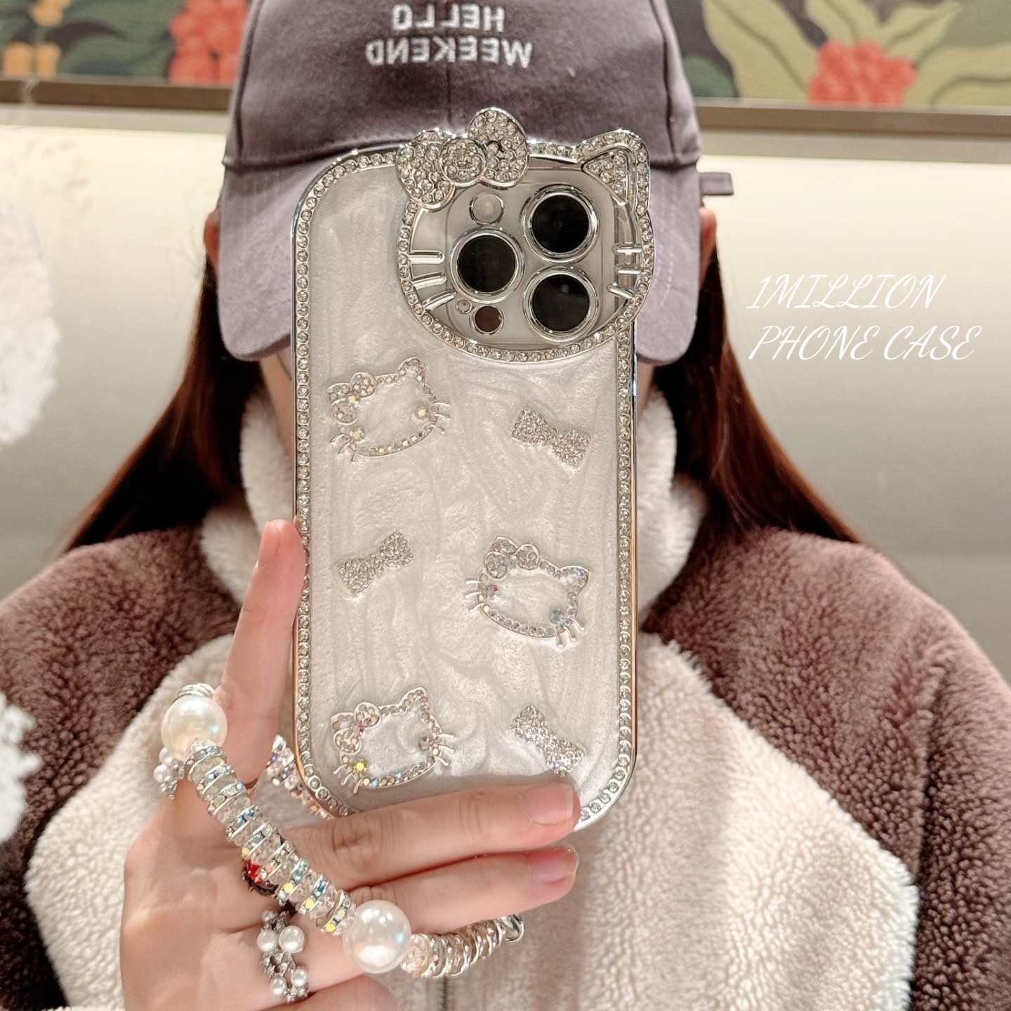 轻奢高级感滴胶闪钻蝴蝶结KT猫适用苹果16手机壳iPhone17promax新款14女款15pro带链条13防摔保护套12pro哇塞