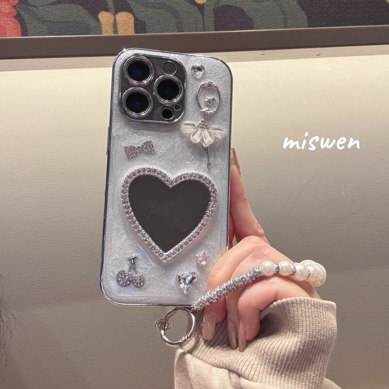 ins小众气质闪钻爱心镜面适用苹果16pro手机壳高级iphone15保护套14滴胶13p女款16promax小香风12pro防摔外壳