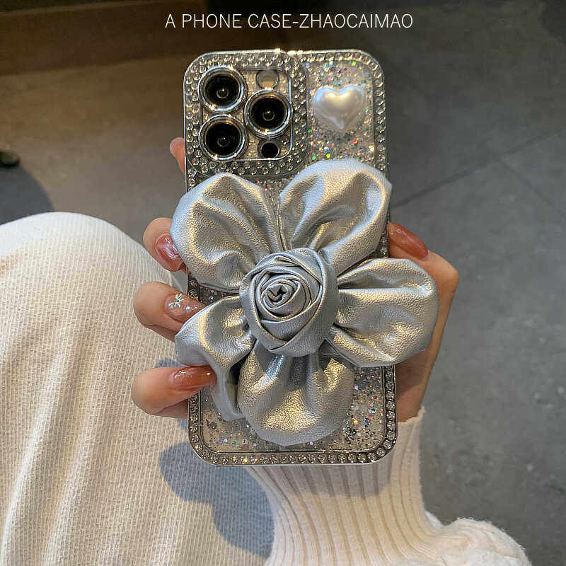 小众立体皮质花朵iPhone16适用苹果17Promax手机壳12女13pro苹果15promax日韩风14亮片闪粉11水钻简约高级ins