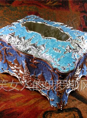 特价R-2俄罗斯锡金属抽面纸巾盒B款向日葵角小号银边天蓝色银城堡