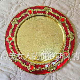 俄罗斯R100锡金属果茶托看盘大号圆形flagon金红色红钻直径30厘米