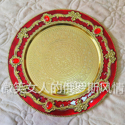 俄罗斯R100锡金属果茶托看盘大号圆形flagon金红色红钻直径30厘米