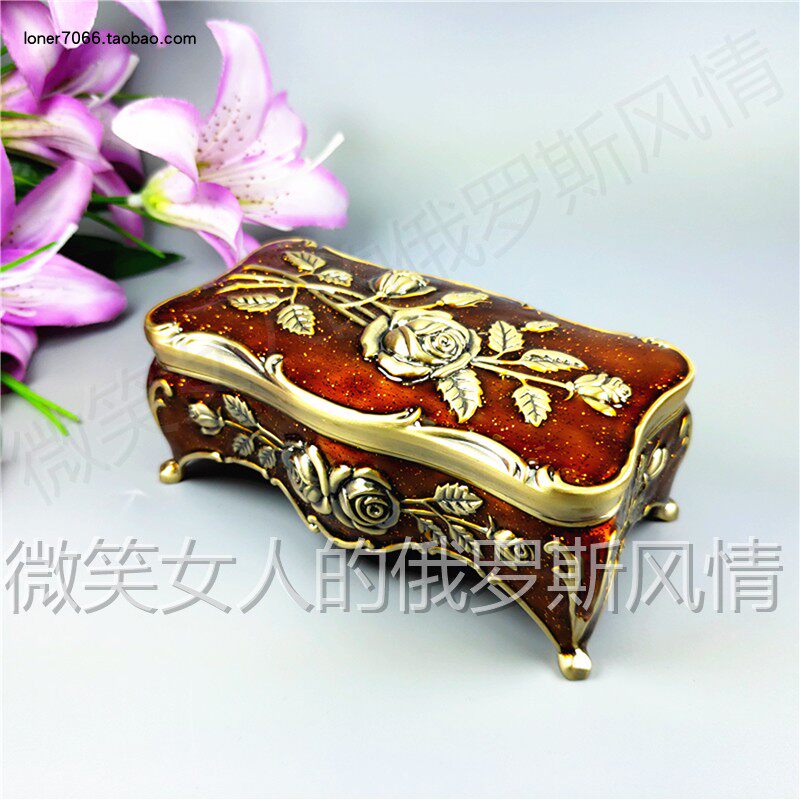 特价俄罗斯R8锡金属棉签首饰盒长方形小号青古铜咖啡深红色玫瑰花