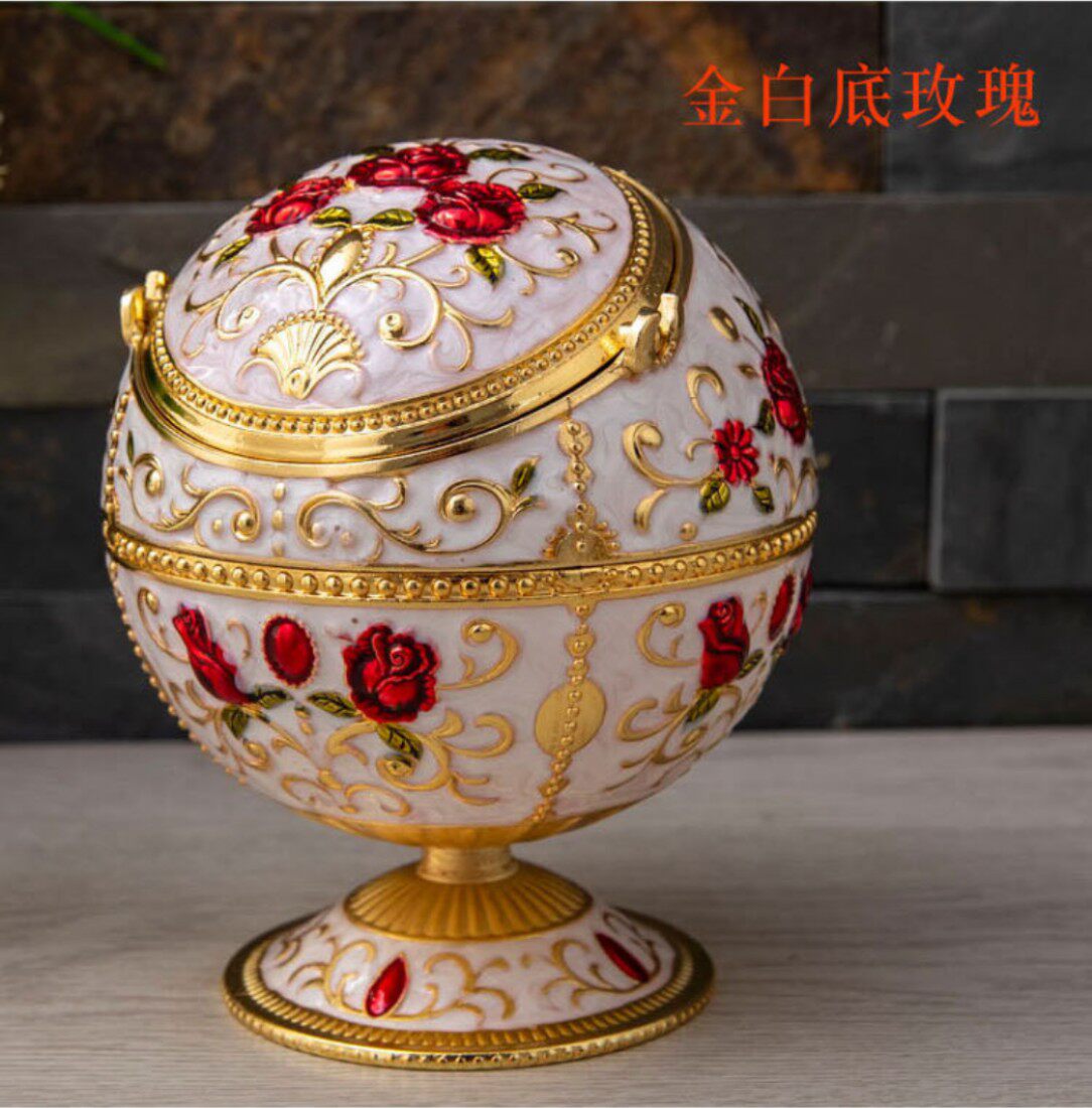 R5特价俄罗斯银锡金属烟灰缸高脚球形金边米色红玫瑰花精致厚重