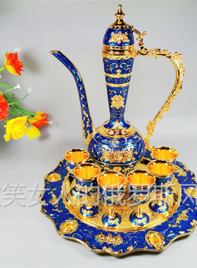 特价R10俄罗斯锡金属酒具8件套装特大号壶高脚杯托盘藏蓝色金玫瑰
