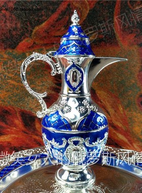 特价Z12-0俄罗斯锡金属酒壶小号鸭嘴款银边藏蓝色容量260毫升半斤