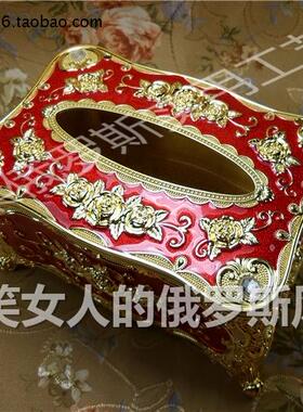 特价R4俄罗斯锡金属抽纸巾盒高款小号金边红色金玫瑰厚重欧式家居