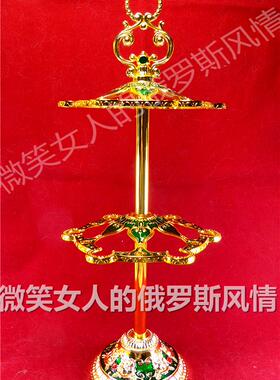 特价俄罗斯R1锡金属空挂吊高脚酒杯架双层金绿色城堡金玫瑰花欧式