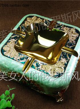特价俄罗斯3 锡合金属烟灰缸箭头角正方形金绿色开屏孔雀欧式厚重