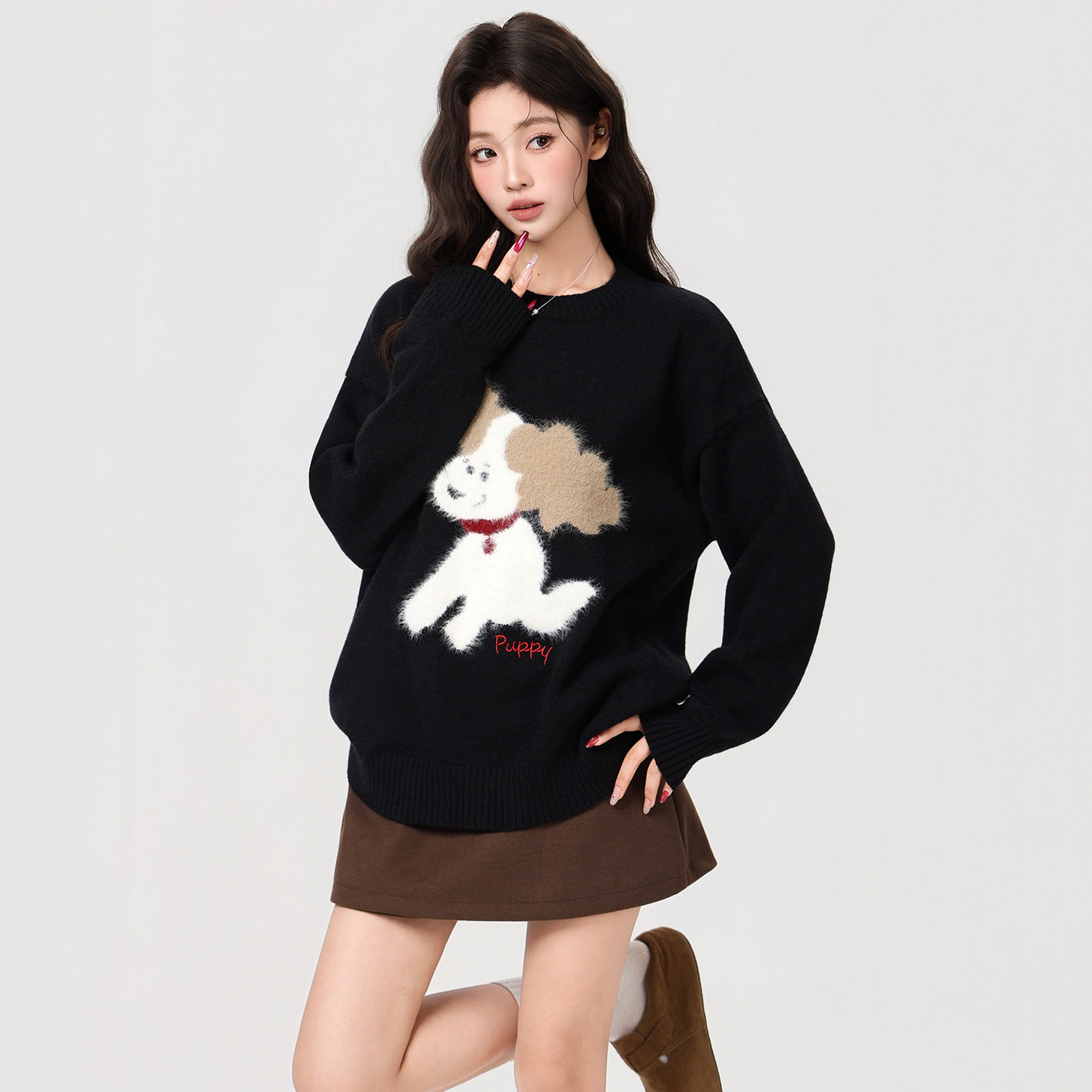 黑色甜美可爱小狗刺绣套头毛衣女2025秋冬宽松加厚长袖针织衫上衣
