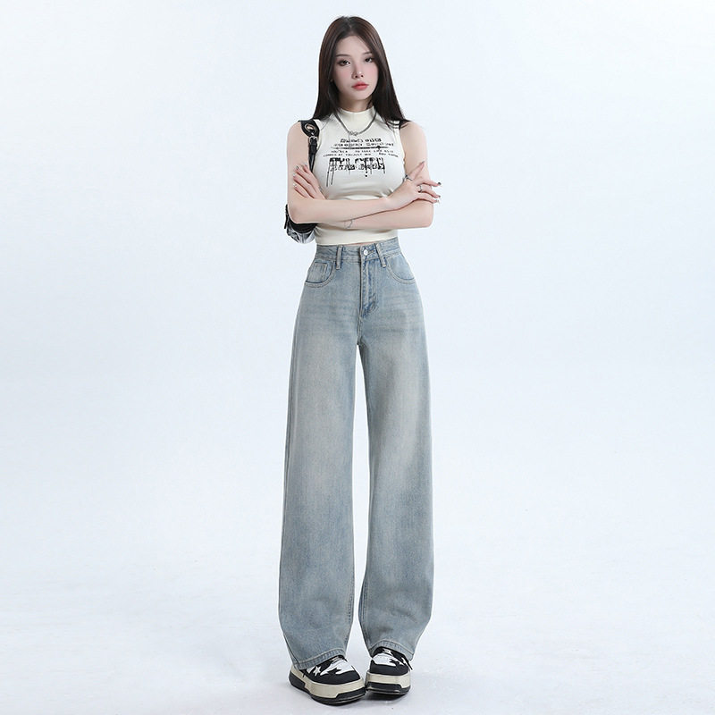 2026浅色阔腿牛仔裤女新款显瘦垂感高腰宽松做旧直筒长裤子