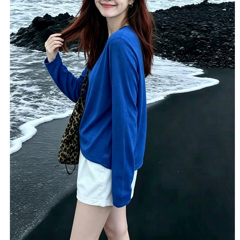 蓝色圆领针织长袖t恤女夏季薄款海边度假防晒罩衫空调衫上衣