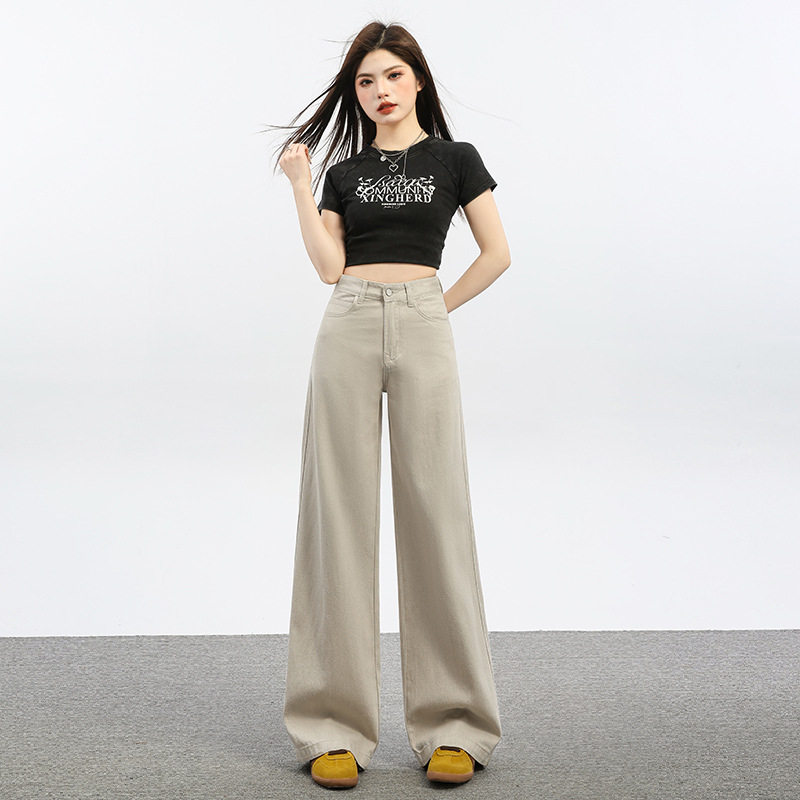 卡其高腰天丝阔腿2026春夏牛仔裤女美式拼接新款宽松显瘦直筒裤