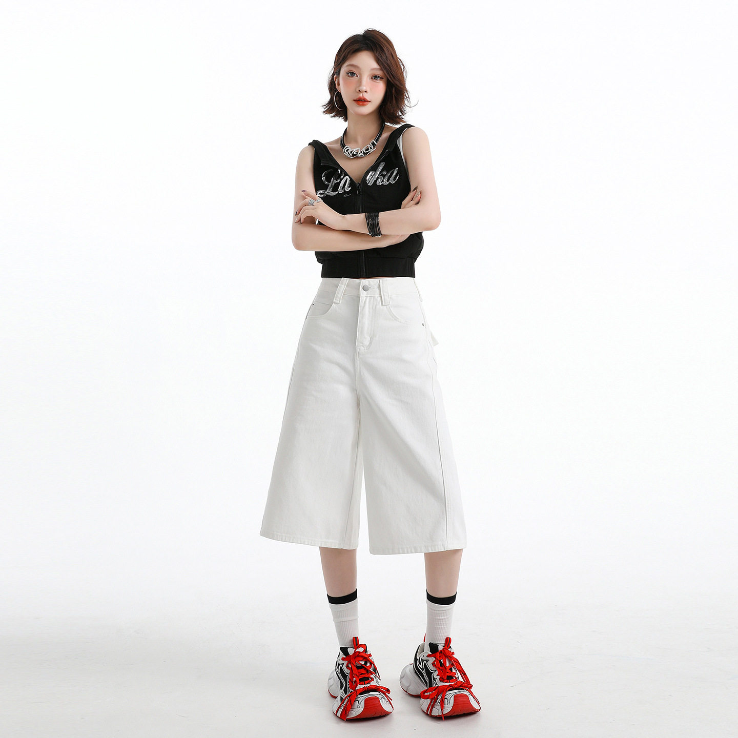 白色七分阔腿牛仔裤女2026年春夏新款美式高腰宽松显瘦百搭中裤子