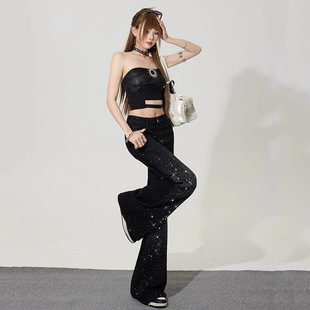 满天星烫钻黑色微喇牛仔裤女新款辣妹百搭显瘦喇叭拖地长裤&加长