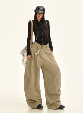 25th ootd! ｜美式复古卡其色廓形弯刀牛仔裤新款痞帅宽松阔腿裤