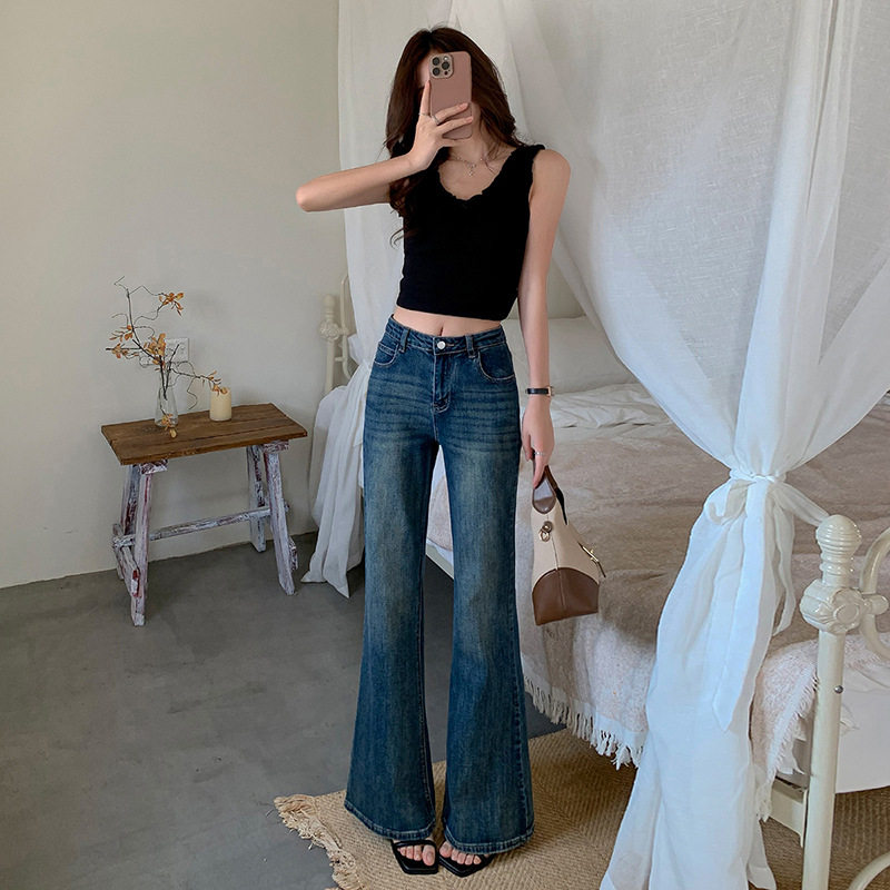 复古蓝微喇牛仔裤不贴腿辣妹垂感百搭牛仔裤女长裤加长浅蓝长裤