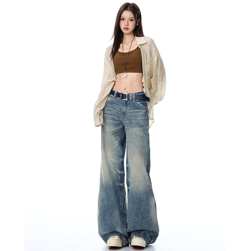 美式复古蓝宽松低腰重工水洗牛仔裤女2025秋新款直筒阔腿裤长裤
