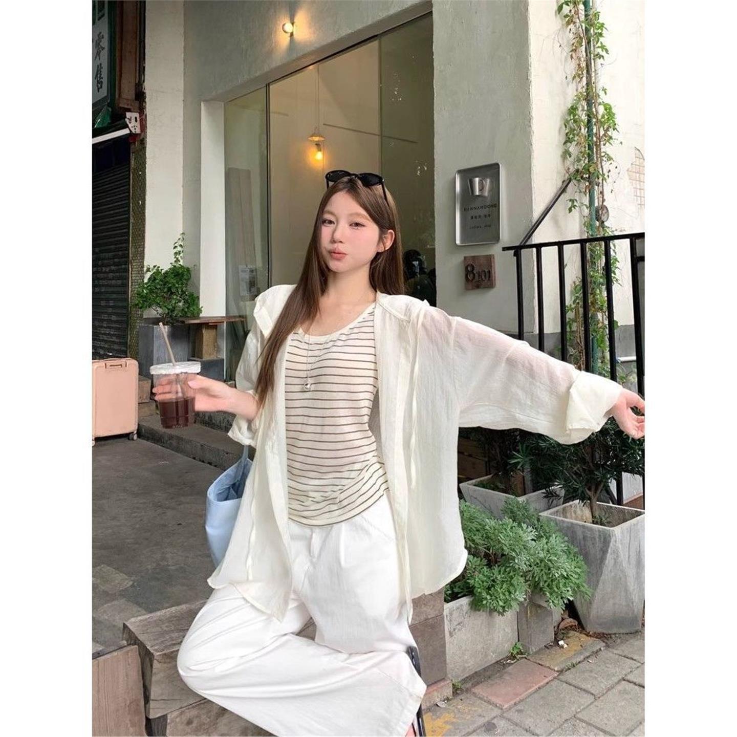 微透薄款连帽长袖衬衫女夏季防晒外套宽松衬衣中长款杏色开衫上衣