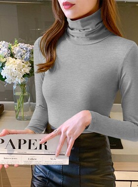浅灰色高领打底衫女内搭秋冬2025新款堆堆领长袖上衣紧身纯棉T恤