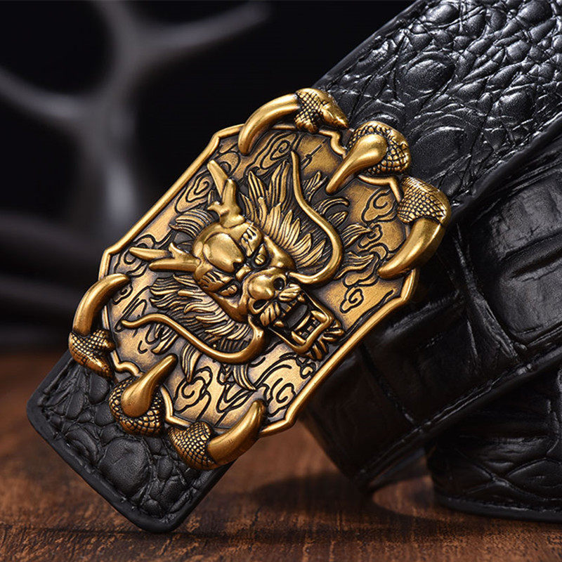 龙头鳄鱼纹皮带男真皮平滑扣潮流虎头牛皮裤带个性青年狮头腰带中