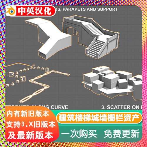 Blender预设 Architectural Pack 1.1建筑资产包自动楼梯护栏道路