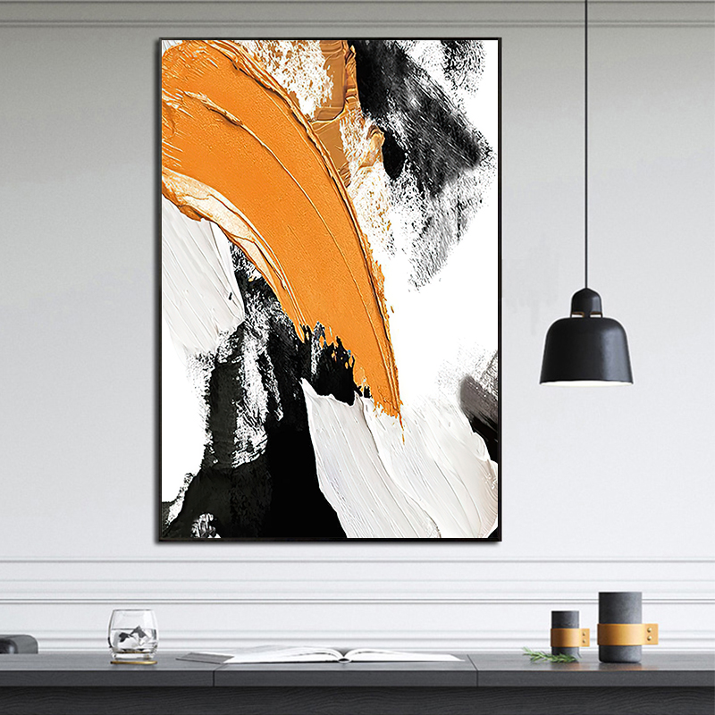 -606手绘油画立体感抽象黑白橙装饰画玄关背景墙现代客厅餐厅挂画图片