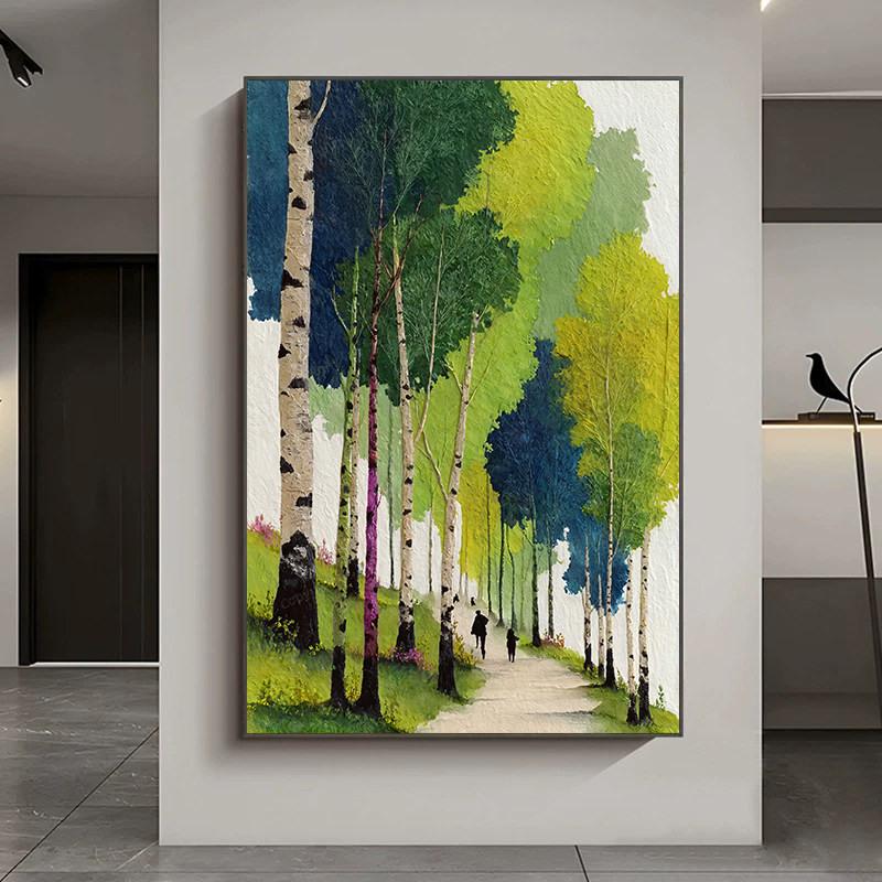 风景治愈系挂画高级感奶油风卧室床头壁画原木风小树林海边装饰画