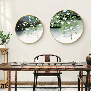 简约水彩圆形新中式 饰画客厅挂画餐厅玄关沙发背景壁画 节气古风装