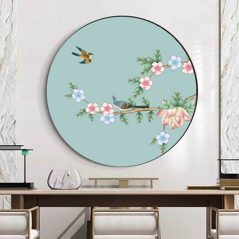 中式客厅沙发背景墙画卧室床头装饰画圆形挂画喜鹊上枝头梅花壁画