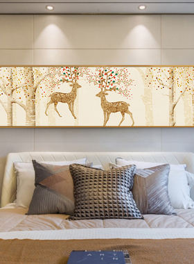 8061现代卧室床头挂画横幅主卧背景墙装饰画客厅北欧麋鹿抽象壁画