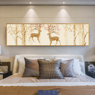 8061现代卧室床头挂画横幅主卧背景墙装 饰画客厅北欧麋鹿抽象壁画