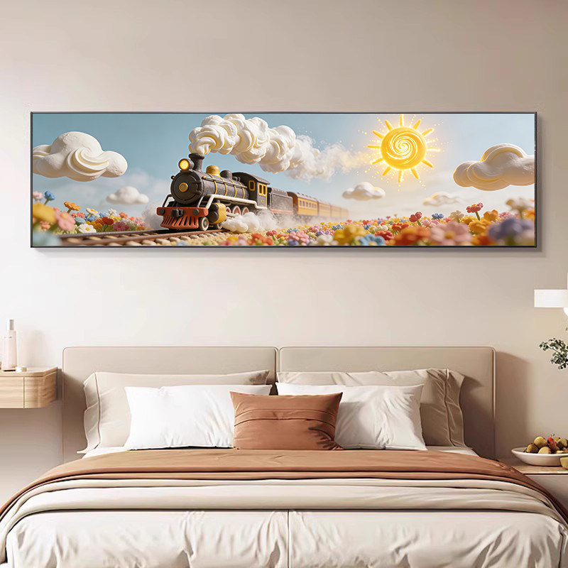 儿童房床头装饰画男孩卧室房间背景墙挂画男童女童小火车卡通墙面